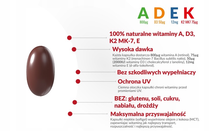 ADEK COMPLEX A,D3,E,K2 MK-7 w oleju MCT 60kapsułek