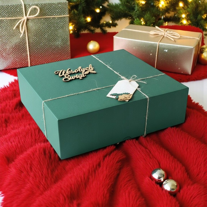 Pudełko prezentowe na prezent Święta zielone napis drewniany wypełnienie