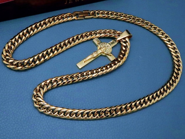 GRUBY ZŁOTY ŁAŃCUCH ŁAŃCUSZEK Z KRZYŻYKIEM STAL CHIRURGICZNA PREMIUM 9MM