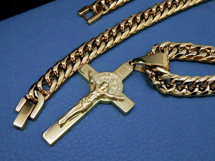 GRUBY ZŁOTY ŁAŃCUCH ŁAŃCUSZEK Z KRZYŻYKIEM STAL CHIRURGICZNA PREMIUM 9MM