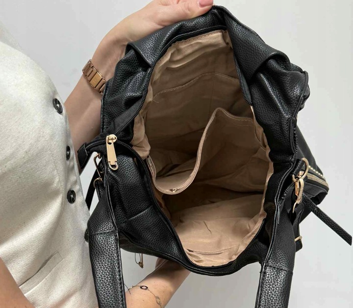 Torebka worek damska z ćwiekami shopper modna pojemna A4 CZARNA