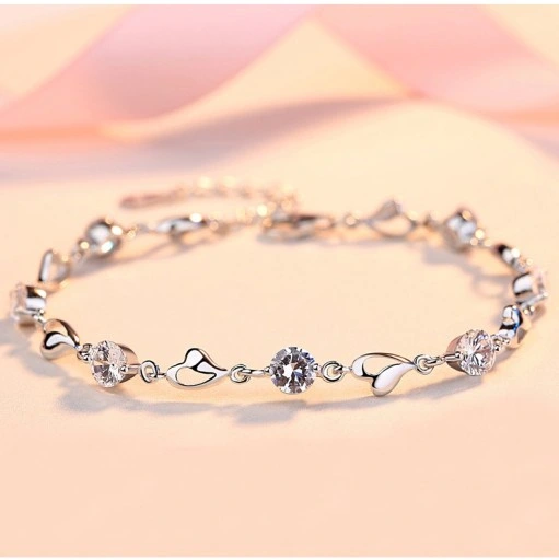 Bransoletka Damska Srebrna Łańcuszki Serduszka Heart Kryształki Na Prezent