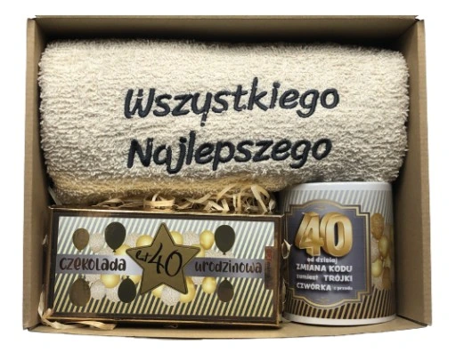 PREZENT NA URODZINY 18-70 Zestaw Kosz Prezentowy Ręcznik Kubek Czekolada