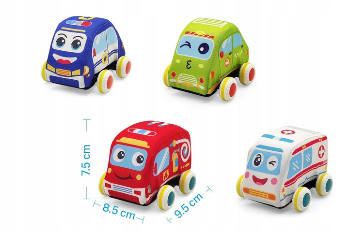 PLUSZOWE MIĘKKIE AUTKA SAMOCHODZIKI Z NAPĘDEM ZESTAW 4 SZTUK