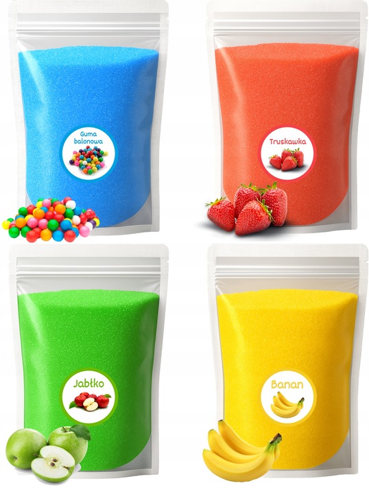 Cukier Kolorowy i Smakowy 4x 1kg Doypack Do Waty Cukrowej Zestaw