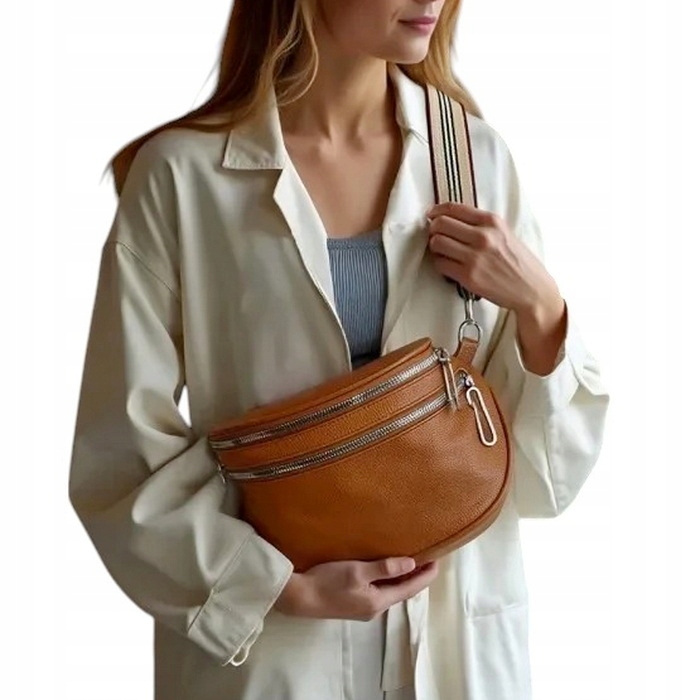 Torebka Damska Nerka BRĄZOWA Pojemna na Ramię Pasek Parciany Srebrny Zamek