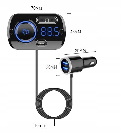 TRANSMITER BLUETOOTH FM SAMOCHODOWY SZYBKA ŁADOWARKA 2x USB AUX