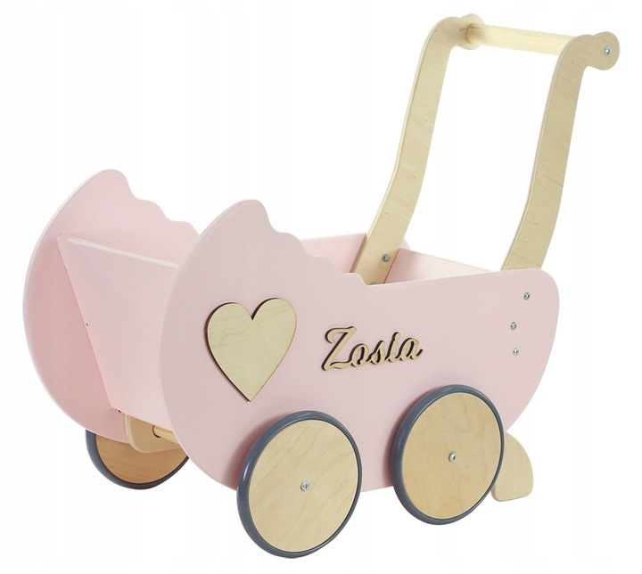 drewniany WÓZEK DLA LALEK + IMIĘ POŚCIEL stopery