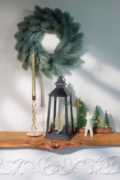 ŚWIĄTECZNA LATARNIA LATARENKA LED CZARNA ŚWIECZKI CHOINKA 35 CM CIEPŁA BIEL