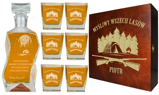 KARAFKA + 6 SZKLANEK DO WHISKY W PUDEŁKU Z GRAWEREM PREZENT DLA MYŚLIWEGO