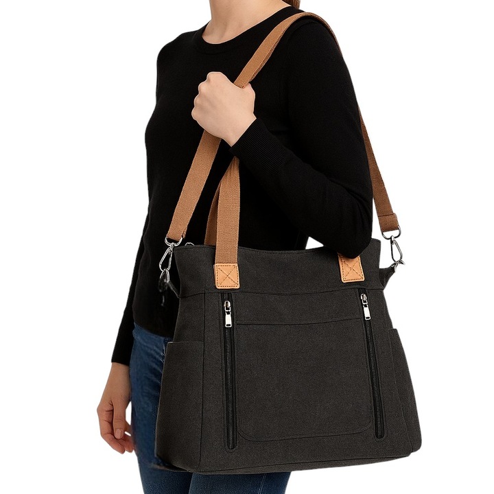 Torebka Miejska Worek Pojemna Na Ramię Grafitowa Czarna Damska Tkanina