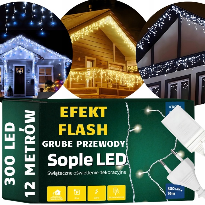 SOPLE ZEWNĘTRZNE IP44 LAMPKI LED ŚWIĄTECZNE 300LED 12M FLASH GRUBE PRZEWODY