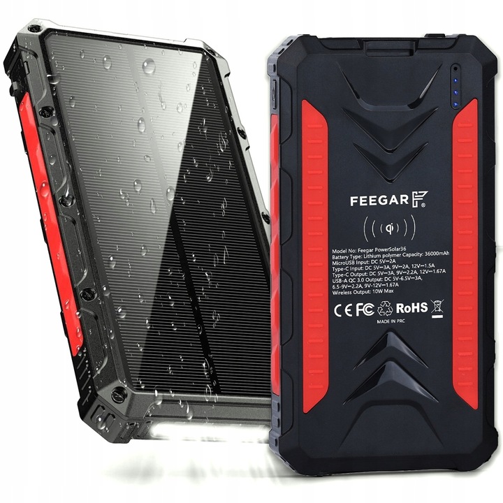 Power bank Solarny Feegar 36000mah 20W 4x USB-C QI