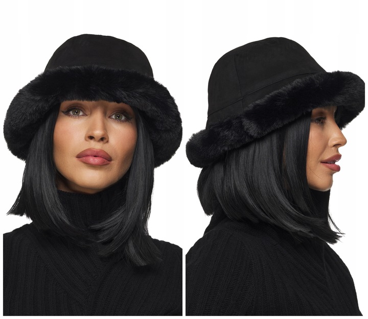 CZAPKA DAMSKA zimowa ciepła z futrem futrzana eko zamsz bucket czarna