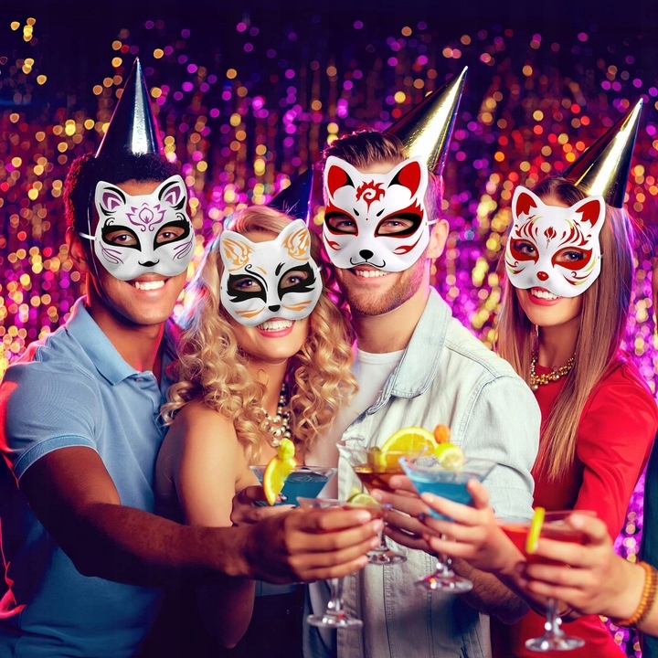 10× DIY PUSTE, RĘCZNIE MALOWANE MASKI MASKA KOT + 2× PĘDZLE + 12× FARBA