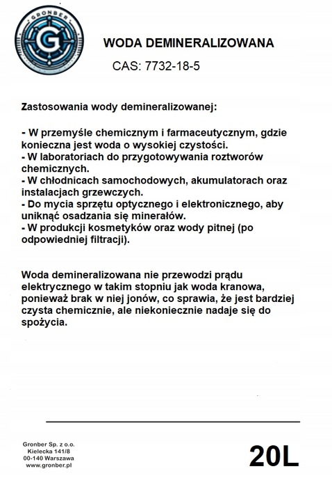 Woda demineralizowana 20L
