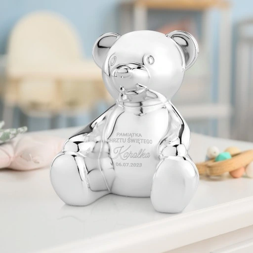 SREBRNA SKARBONKA MIŚ CHRZEST ROCZEK GRAWER GRATIS