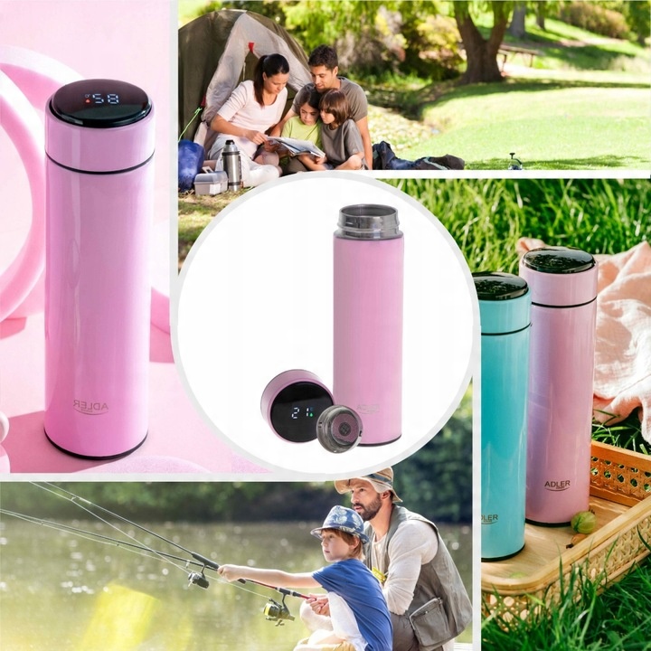 RÓŻOWY TERMOS KUBEK TERMICZNY NA KAWĘ HERBATĘ SMART LED DUŻY 500ml