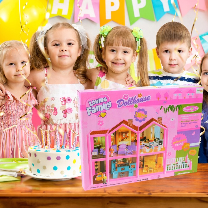 DOMEK DLA LALEK WILLA RÓZOWA MEBLE LALKI LALECZKI TARAS SAMOCHÓD DO ZABAWY