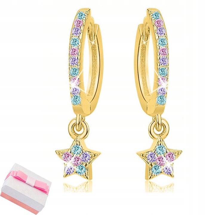 Srebrne kolczyki wiszące dla dziewczynki gwiazdki kółka srebro pozłacane