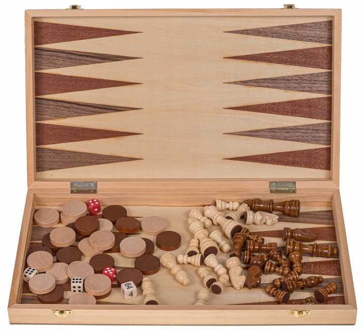 Gra 3-1 Szachy drewniane Turniejowe 4 + Backgammon + Warcaby - 44 x 44 cm