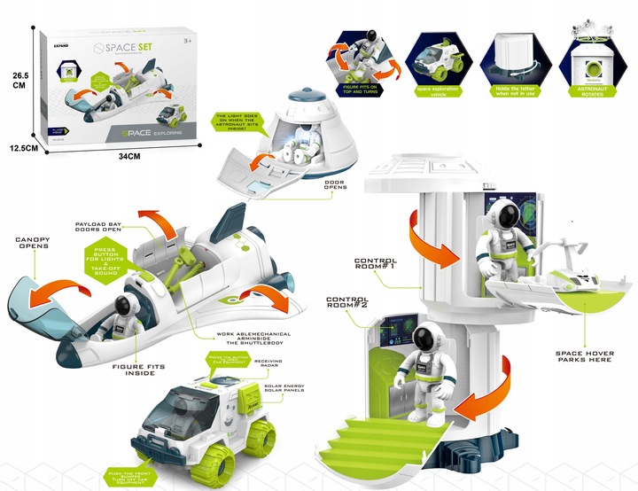 Zestaw Stacja Kosmiczna Wahadłowiec Łazik Figurki Astronautów dla dzieci 3+