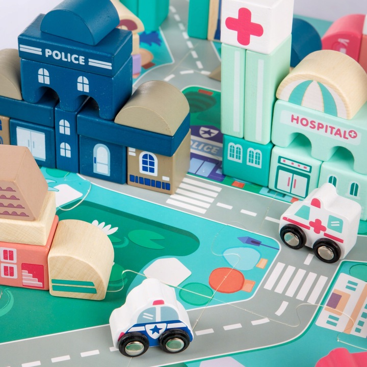 DREWNIANE KLOCKI ZESTAW DROGA MIASTO 115 ELEMENTÓW MATA POJAZDY AKCESORIA
