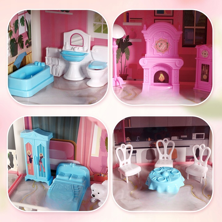 DUŻY ZESTAW MEBLI DO DOMKU DLA LALEK 3 PIĘTRA 9 POKOI z oświetleniem LED