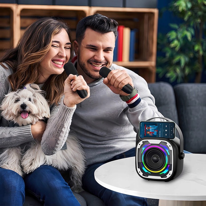 ZESTAW KARAOKE Z 2 MIKROFONY BEZPRZEWODOWE GŁOŚNIK BLUETOOTH LED KOLOROWA