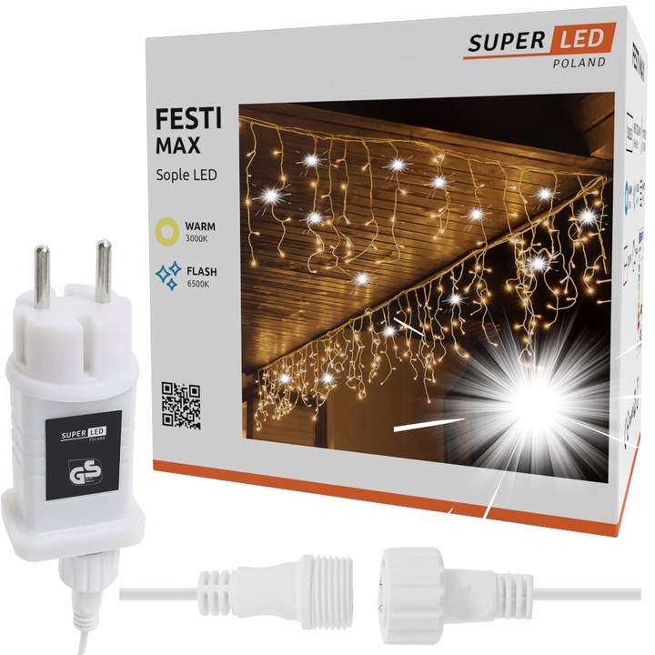 Sople 500 LED zewnętrzne CIEPŁE + FLASH 22,5 m świąteczne