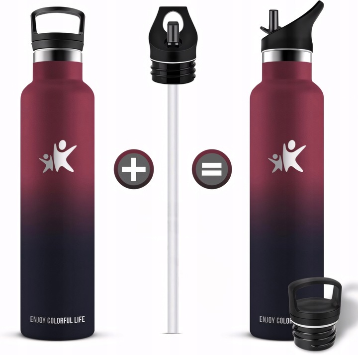 TERMOS BUTELKA TERMICZNA KUBEK NA KAWĘ HERBATĘ ZE SŁOMKĄ WIŚNIOWY 750ML