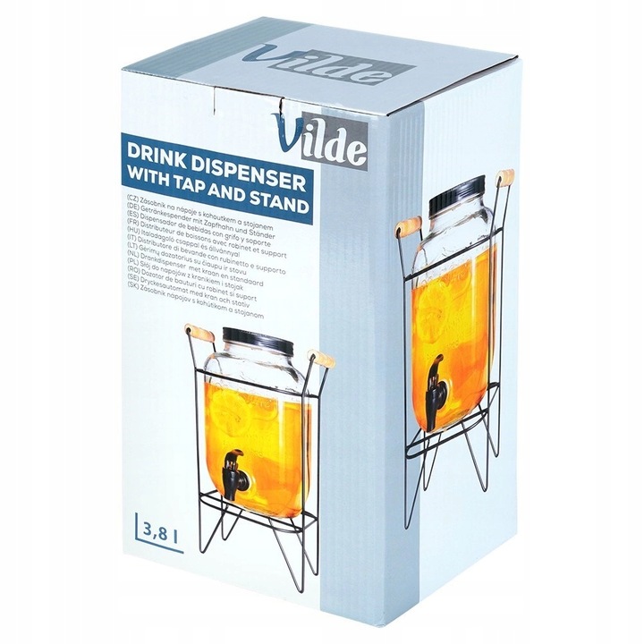 Słój Dozownik do Napojów z Kranikiem Czarnym Stojakiem Szklany VILDE 4,2 L