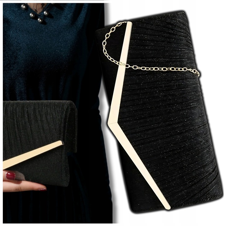 Torebka Wieczorowa Czarna Kopertówka Wizytowa Błyszcząca Ślub Wesele mała