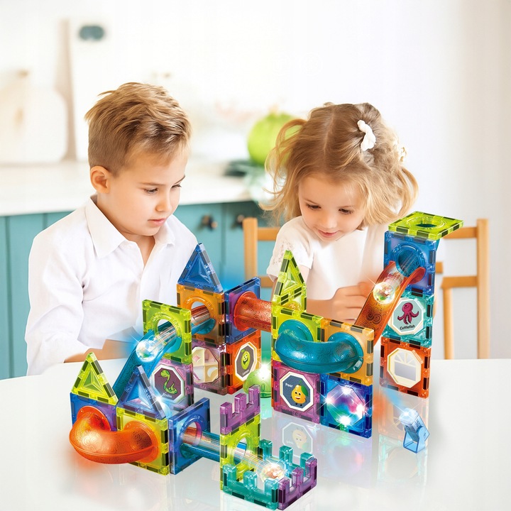 Klocki Magnetyczne Świecące Konstrukcyjne Tor Kulkowy Zestaw 75 elementów