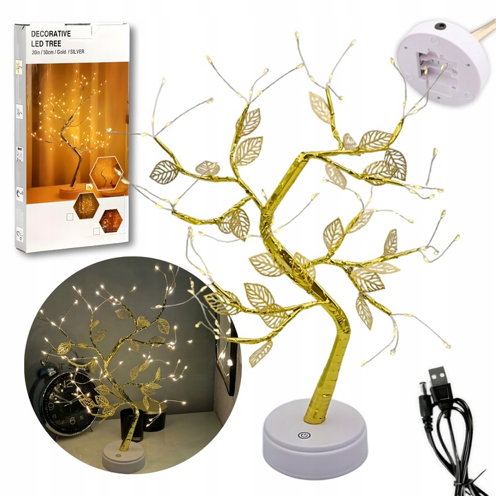 DRZEWKO LAMPKA BONSAI LED 50 CM ZŁOTE LISTKI LIŚCIE CHOINKA ŚWIECĄCE USB