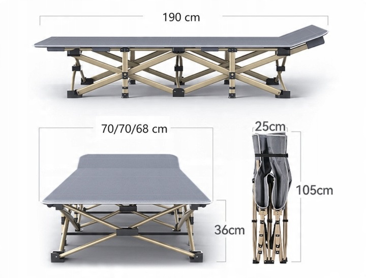 SKŁADANE ŁÓZKO TURYSTYCZNE Z GRUBYM MATERACEM 190X71x36 CM SZARY