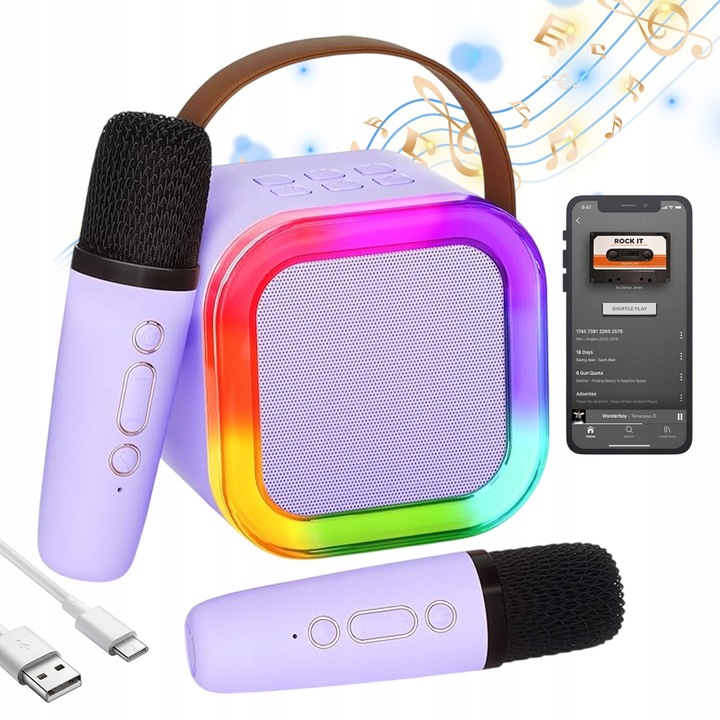 Bezprzewodowy Zestaw do Karaoke dla Dzieci LED Głośnik Bluetooth +Mikrofony