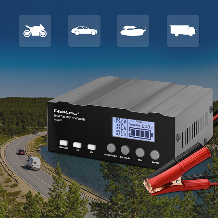 Prostownik SAMOCHODOWY AUTOMAT Z FUNKCJĄ NAPRAWY AKUMULATORÓW 12V 24V 12A