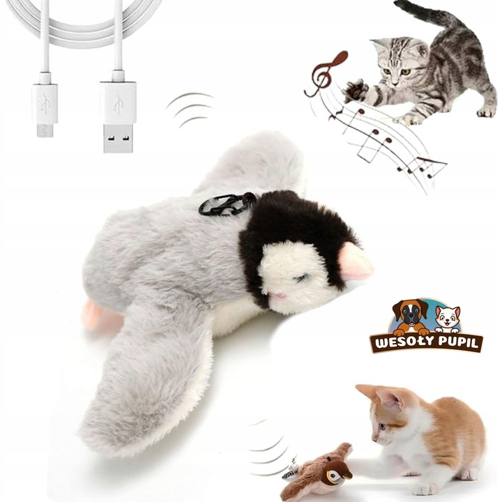 Zabawka dla kota INTERAKTYWNA latający PTAK z dźwiękiem na USB z kocimiętka