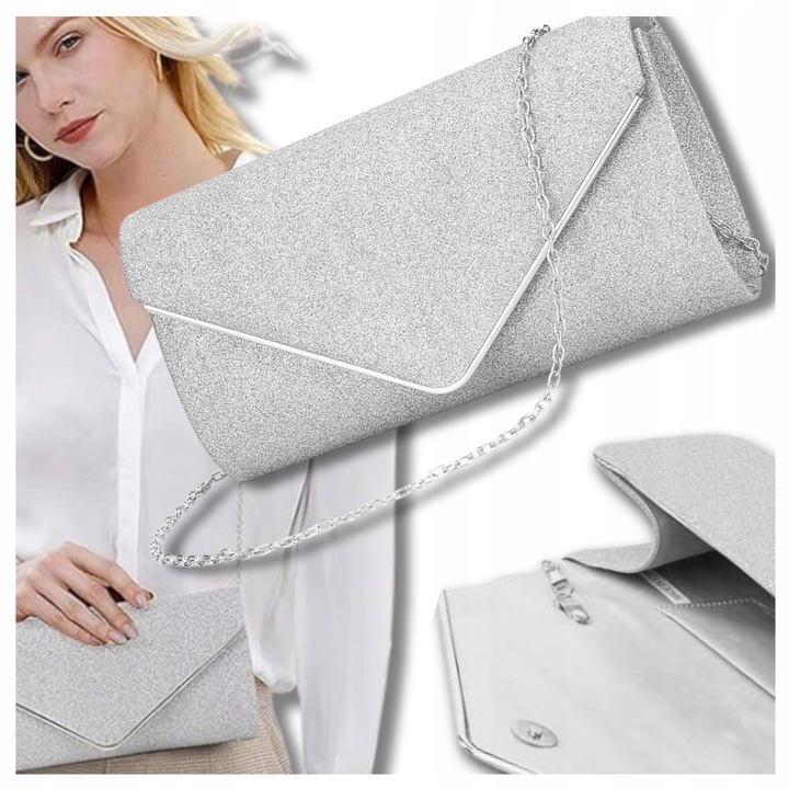 Srebrna Torebka Wieczorowa Kopertówka Wizytowa Błyszcząca Ślub Wesele bal