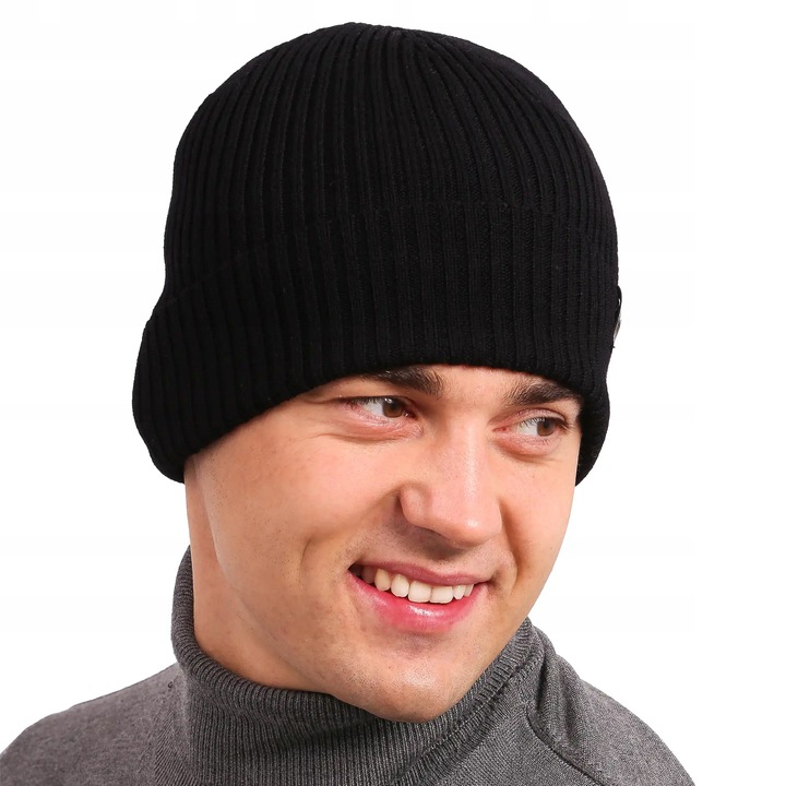 Czapka zimowa męska ciepła klasyczna CZARNA wełna MERINO na zimę 55-60