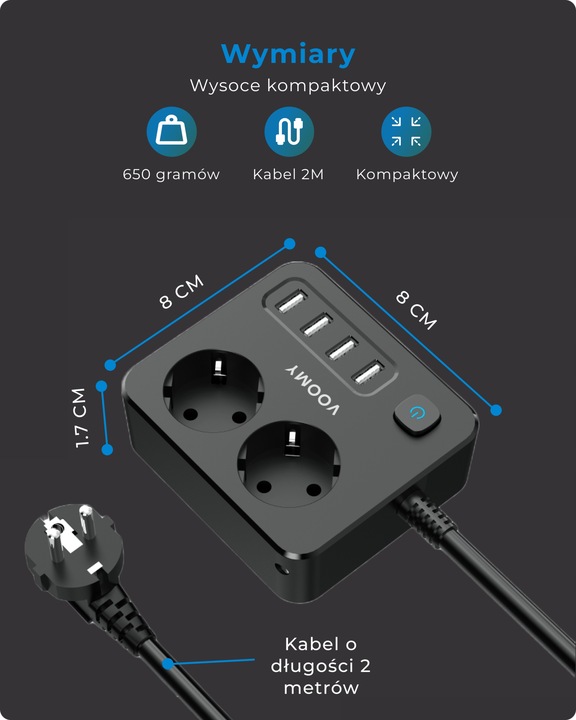 Voomy S2 6-w-1 Listwa Zasilająca: 2x Gniazda, 4x USB 3.1A, 4000W, 2m Kabel