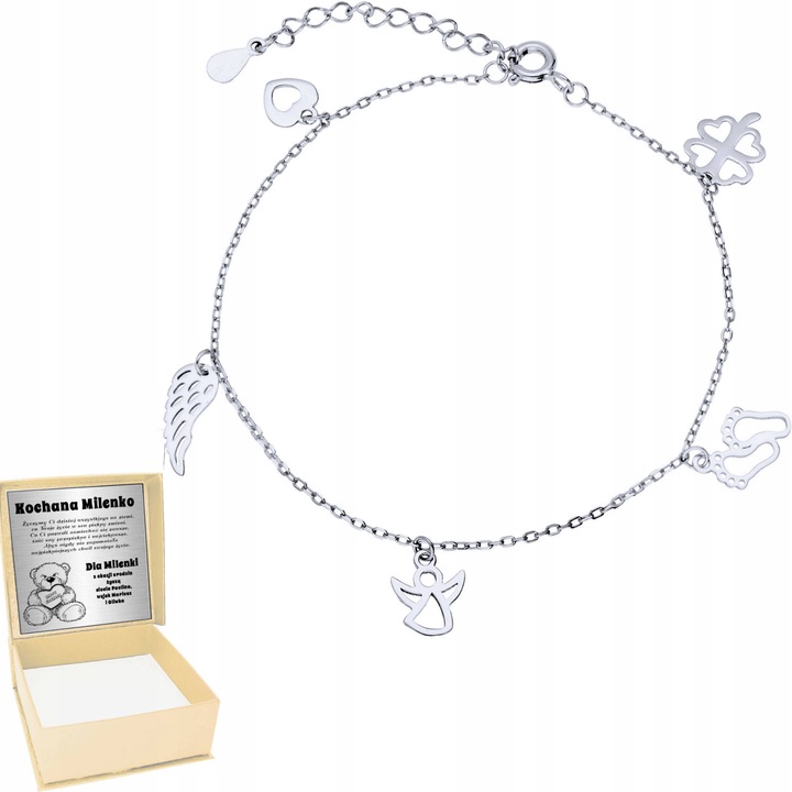 Srebrna bransoletka 925 Aniołek Koniczynka Grawer