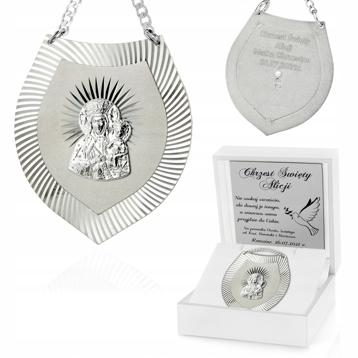 Srebrny Ryngraf Matka Boska na Pamiątkę Chrztu Świętego Grawer dla Dziecka