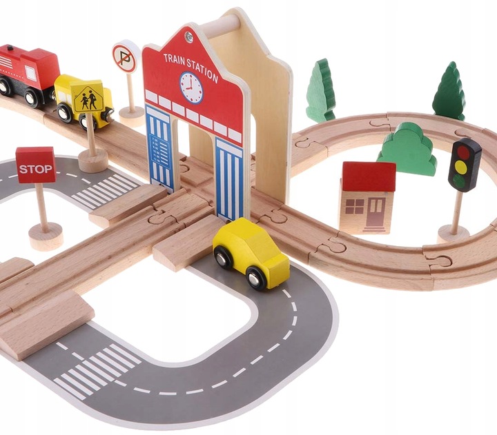 DREWNIANA KOLEJKA TOR WAGONY POCIĄG Budynki Ciuchcia Lokomotywa Zestaw