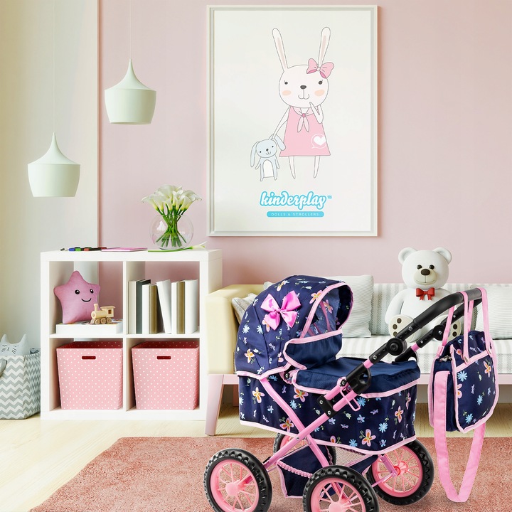 KINDERPLAY WÓZEK DLA LALEK GŁĘBOKI GONDOLA SKŁADANY TORBA + LALKA BOBAS
