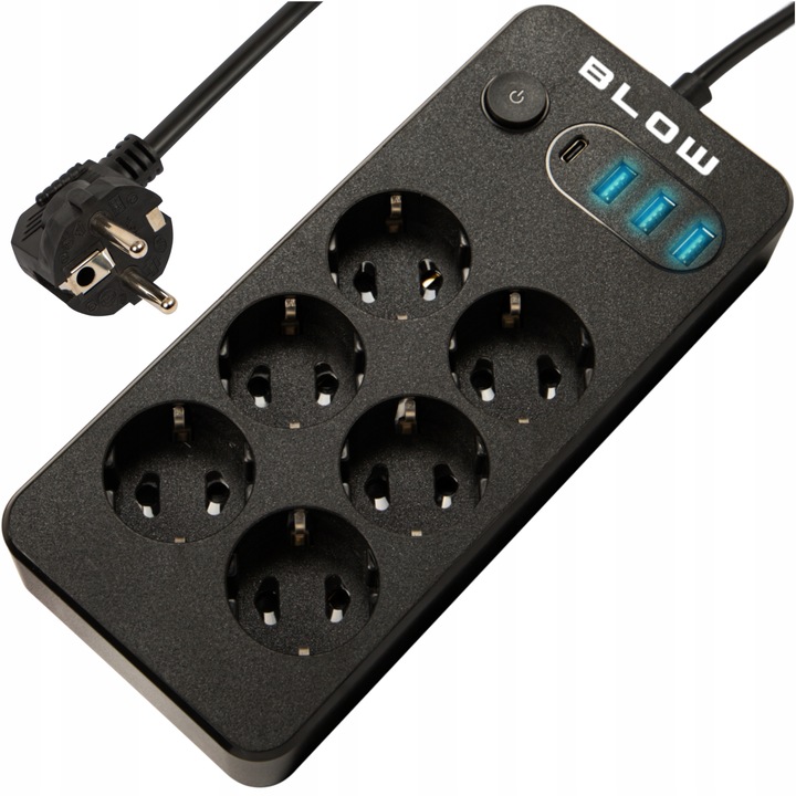 PRZEDŁUŻACZ LISTWA ZASILAJĄCA WŁĄCZNIK 3x USB 6 GNIAZD 3m USB TYP-C CZARNA