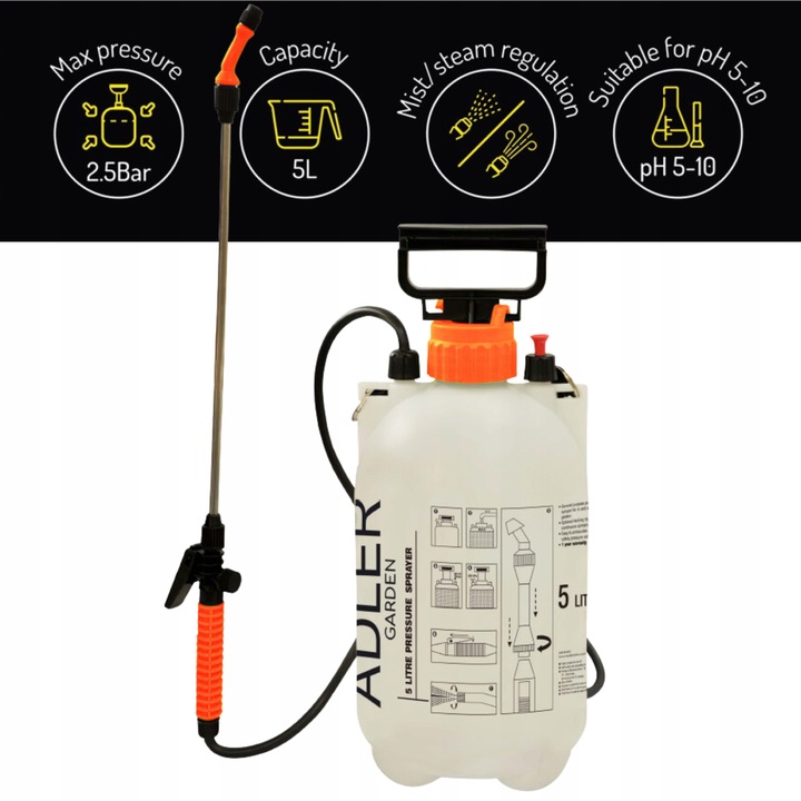 Ręczny OPRYSKIWACZ CIŚNIENIOWY Duża Pojemność 5L REGULACJA Zraszania Lanca