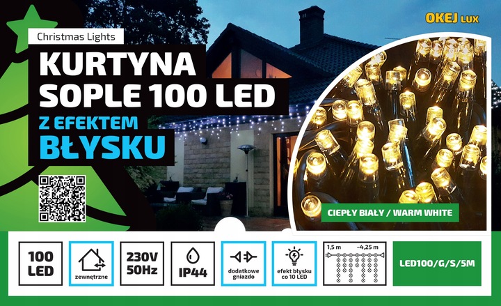 Lampki SOPLE Zewnętrzne GRUBE 100 LED 4,25m CIEPŁE BIAŁE + FLASH + Gniazdo