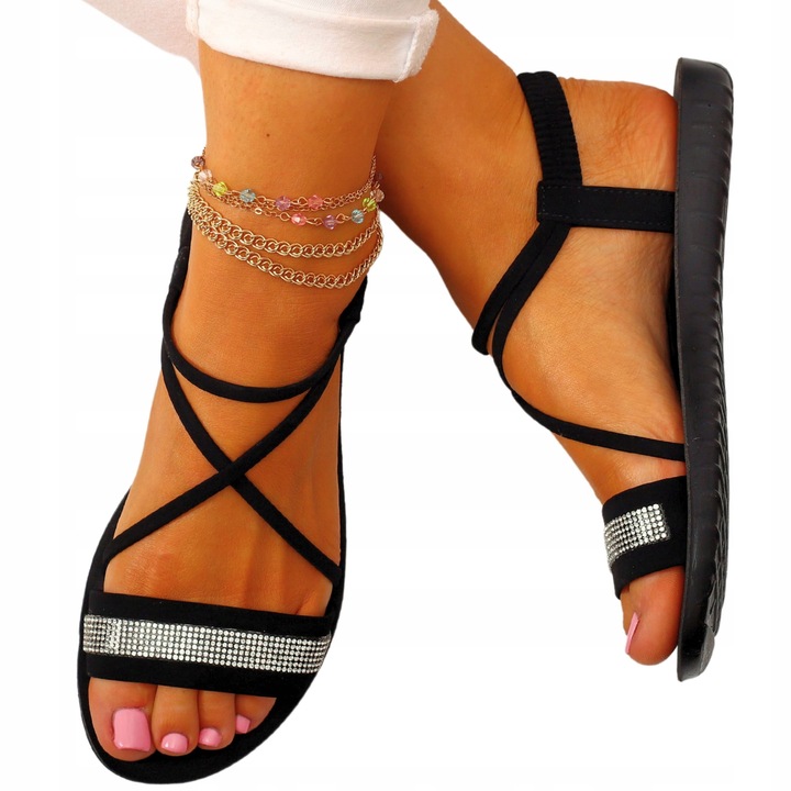 DAMSKIE SANDAŁY CZARNE LETNIE ELEGANCKIE WYGODNE CYRKONIE